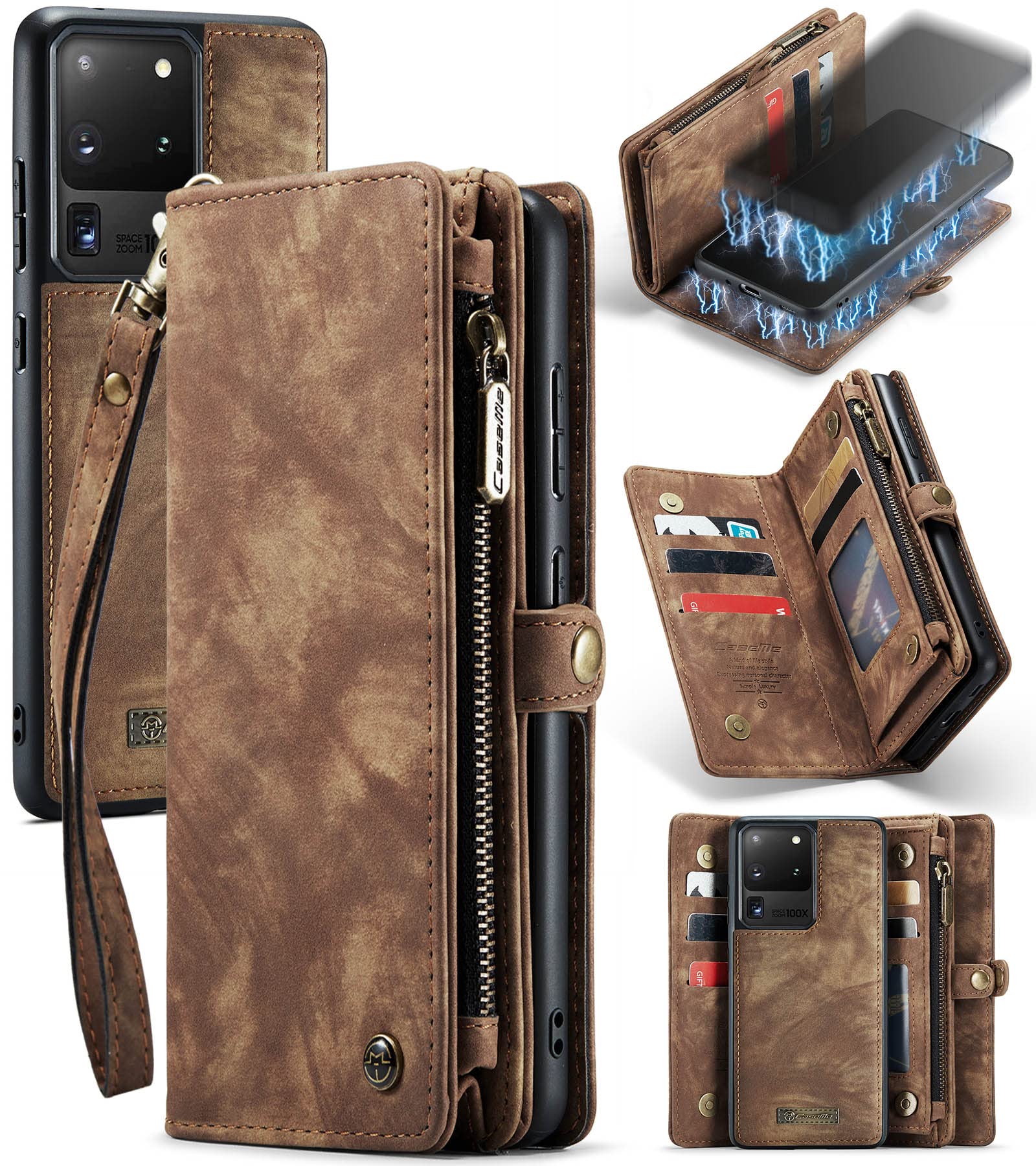 UFinetech 2-in-1 Samsung Galaxy S20 Ultra Case Wallet TPU Leather Flip Card Holder Slot Zipper Magnetic 2020 Stylish Luxury Detachable Purse Holster Cover for Samsung Galaxy S20 Ultra 5G Brown