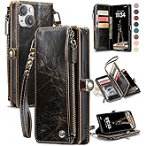 Defencase Compatible with iPhone 15 Plus Case Wallet with RFID Blocking Card Holder for Women Men, Soft PU Leather Magnetic Snap Flip Zipper Strap Wallet Phone Case Fit for iPhone 15 Plus 6.7", Coffee