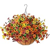 ZFProcess Artificial Fake Hanging Plants Flowers Basket, Faux Silk Daisy in Planter Realistic UV Resistant for Outside Home Patio Balcony Yard Mums Autumn Outdoor Decoration (Orange Brown Yellow)