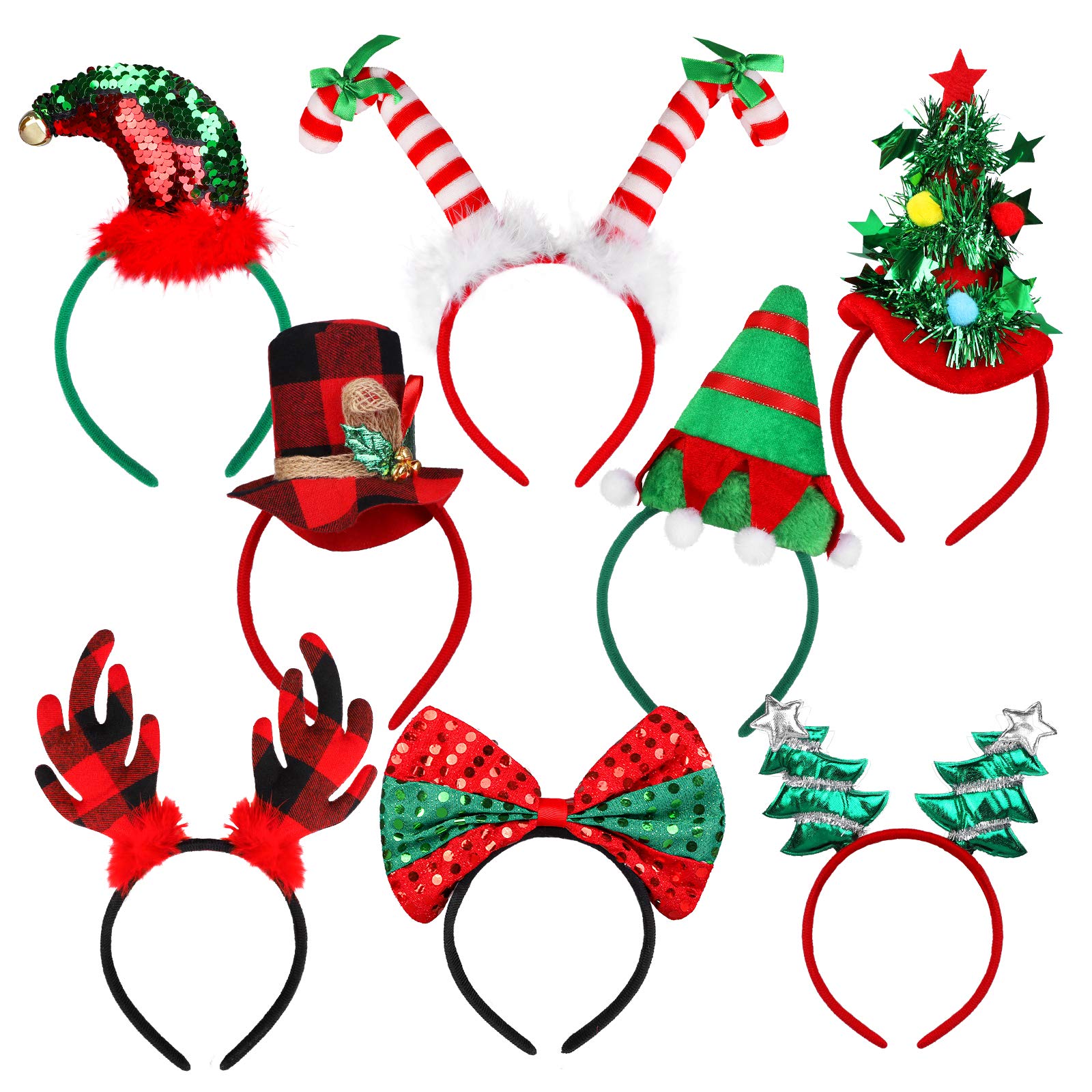 URATOT 8 Pack Christmas Party Headbands Xmas Party Costume Headbands Reindeer Hair Hoop Christmas Photo Prop Booth Headbands for Christmas Party Favors