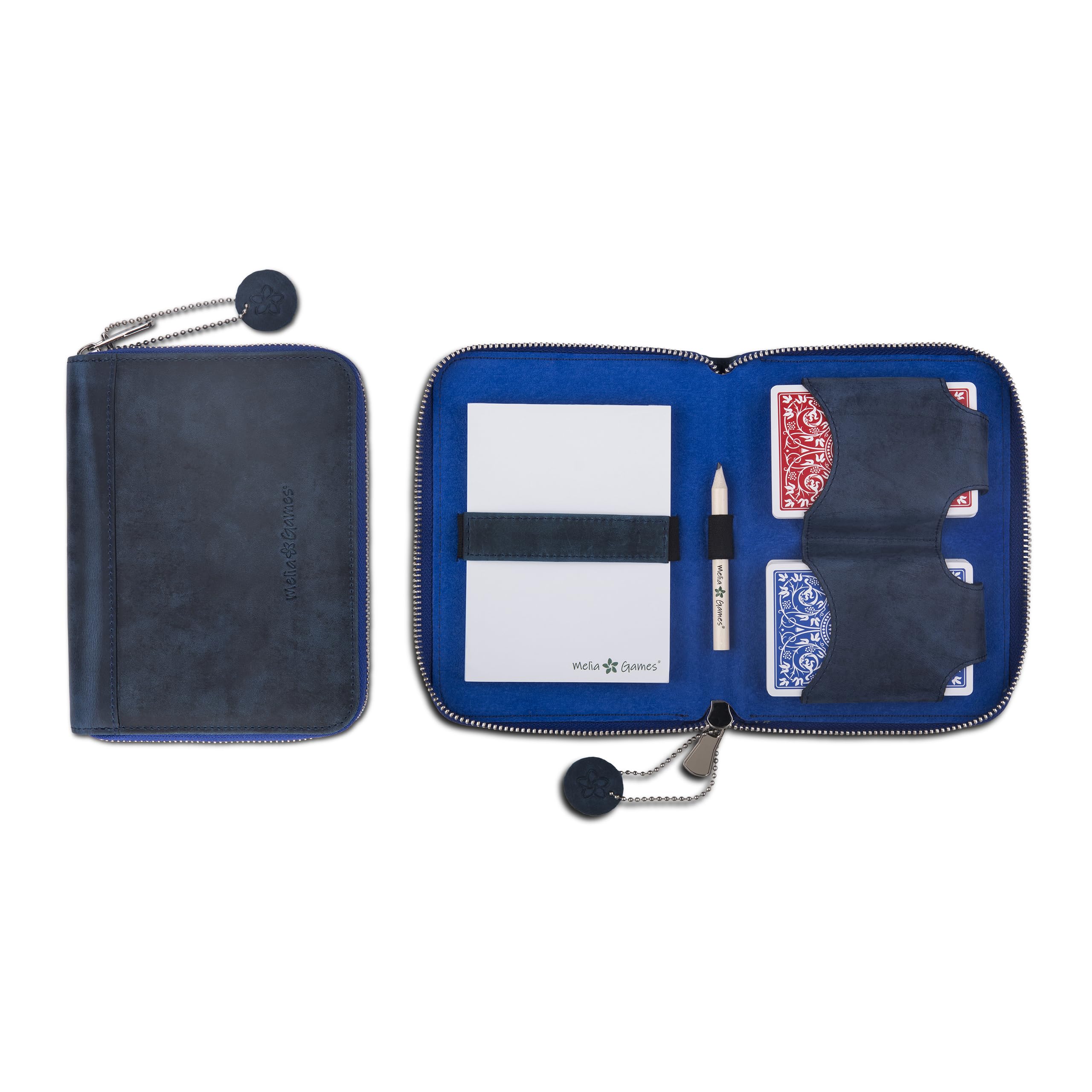 Melia Games Deluxe Playing Card Set - Exclusive Card Case Made of Finest Leather - Complete Set Including 2 Playing Card Decks, Notepad and Pencil (Vintage Edition (Crazy Navy Blue)