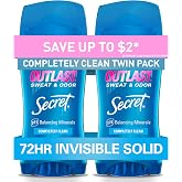 Secret Outlast Antiperspirant Deodorant for Women, 72hr Sweat &amp; Odor Protection, PH Balancing Minerals, Pro-Hyaluronic Acid, Invisible Solid, Completely Clean Scent, 2.6 oz (Pack of 2)
