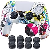 YoRHa Studded Printing Silicone Cover Skin Case for PS5 Controller x 1(Graffiti) with Pro Thumb Grips x 8