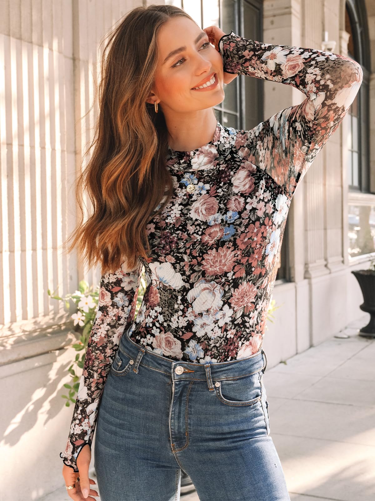 Dealmore Lace Sheer Long Sleeve Floral Mesh Mockneck Trendy Cute Going Out Tops for Women Fall Fashion Outfits 2025 Clothes