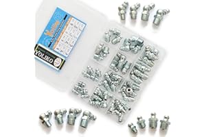 Yoliko 1/4"-3/8" 45Pcs 4 Sizes Grease Fitting Assortment Straight 45 90 Degree Grease Zerk Fittings,Galvanized Steel Grease Fittings and grease gun tips for Industrial/Agricultural Machinery