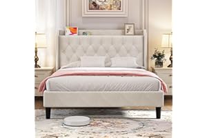 koorlian Queen Velvet Bed Frame, Adjustable Upholstered Platform Bed Frame with Type-C&USB Ports, Wingback Storage Headboard, Solid Wood Slats Support, No Box Spring Needed, Noise-Free, Beige