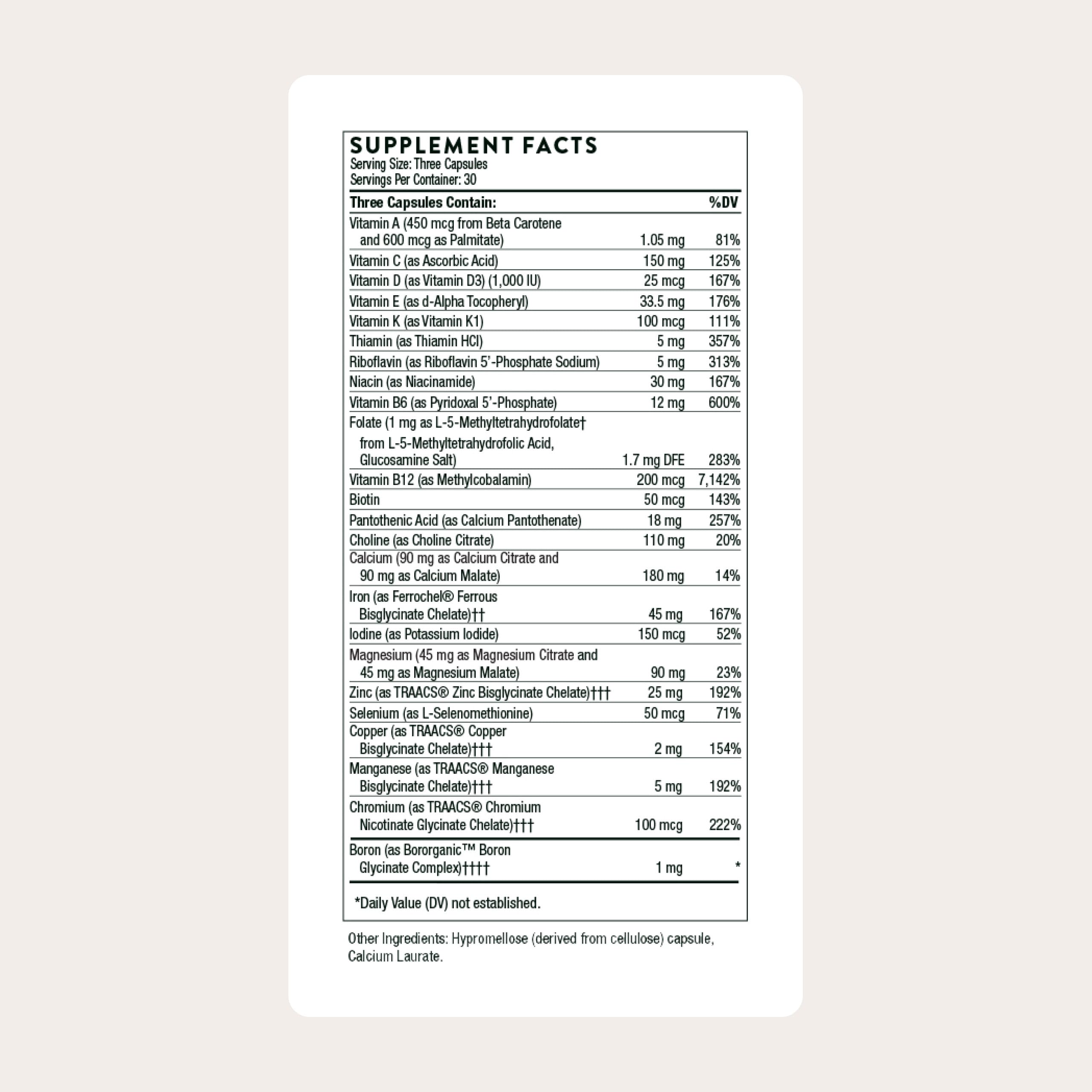 THORNE - Basic Prenatal - Well-Researched Folate Multi for Pregnant and Nursing Women Includes 18 Vitamins and Minerals, Plus Choline - Gluten, Dairy & Soy-Free - 90 Capsules - 30 Servings