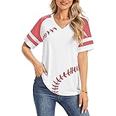 ETATNG Womens V Neck Baseball Tops Short Sleeve Striped Patchwork Summer Casual Sports Raglan Baseball Printed T-Shirts