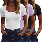 Ficerd 3 Pack Women's Short Sleeve Scooped Neck T Shirts Tops Basic Ribbed Knit Tee Slim Fit Solid Color Shirt