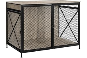 DWANTON Dog Crate Furniture, 42.5" L Three-Door Wooden Dog Kennel Indoor, Connectable Expansion, Wooden Dog Crate Table for Small/Medium/Large Dog, Dog House, Dog Cage Large, Greige