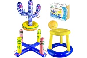 FindUWill Pool Toys Games Set, Pool Basketball Hoop Inflatable Cross Ring Toss Game, Inflatable Cactus Ring Toss for Kids Luau Party Supplies Pool Toys