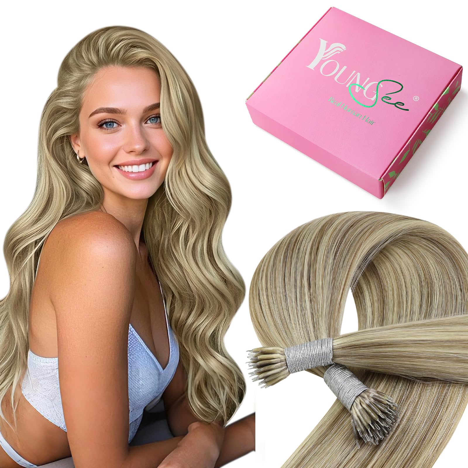 YoungSee Nano Hair Extensions Real Human Hair 24inch Nano Beads Hair Extensions Highlight Light Brown and Platinum Blonde Nano Ring Extensions for Salon Lightweight 50s Cold Fusion 50g Long Straight — image 1