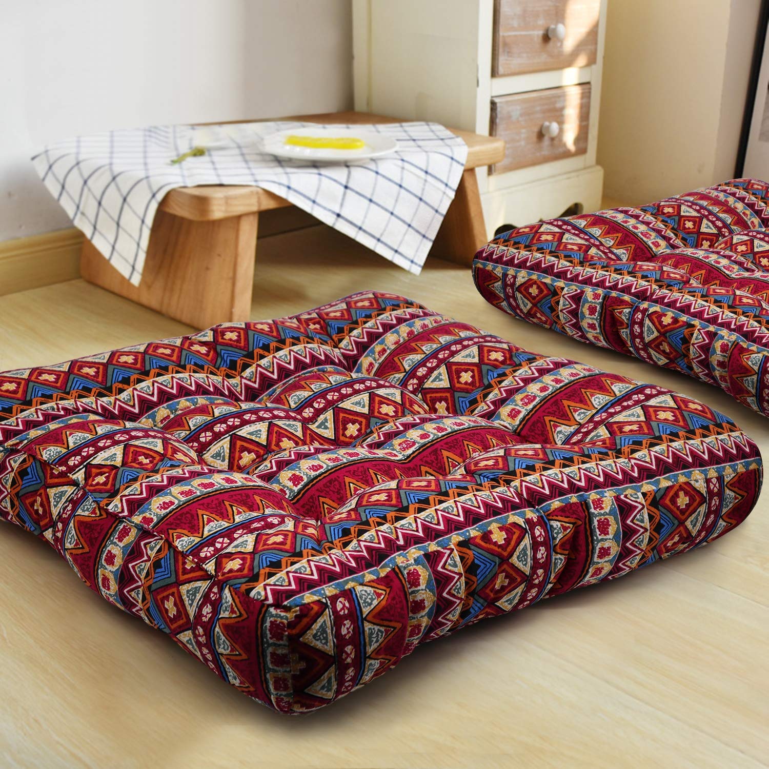 HIGOGOGO Boho Large Floor Cushion, Square Cotton Linen Meditation Pillow, Floor Gaming Seat, Yoga Pillow, Japanese Tatami Mat for Indoor Outdoor Garden Decor (Stripe Red, 50x50 cm)