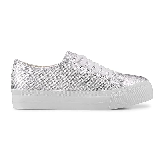 Another A Damen Damen Canvas-Sneaker aus Textil, Schnürschuhe in Silber mit breiter Plateausohle