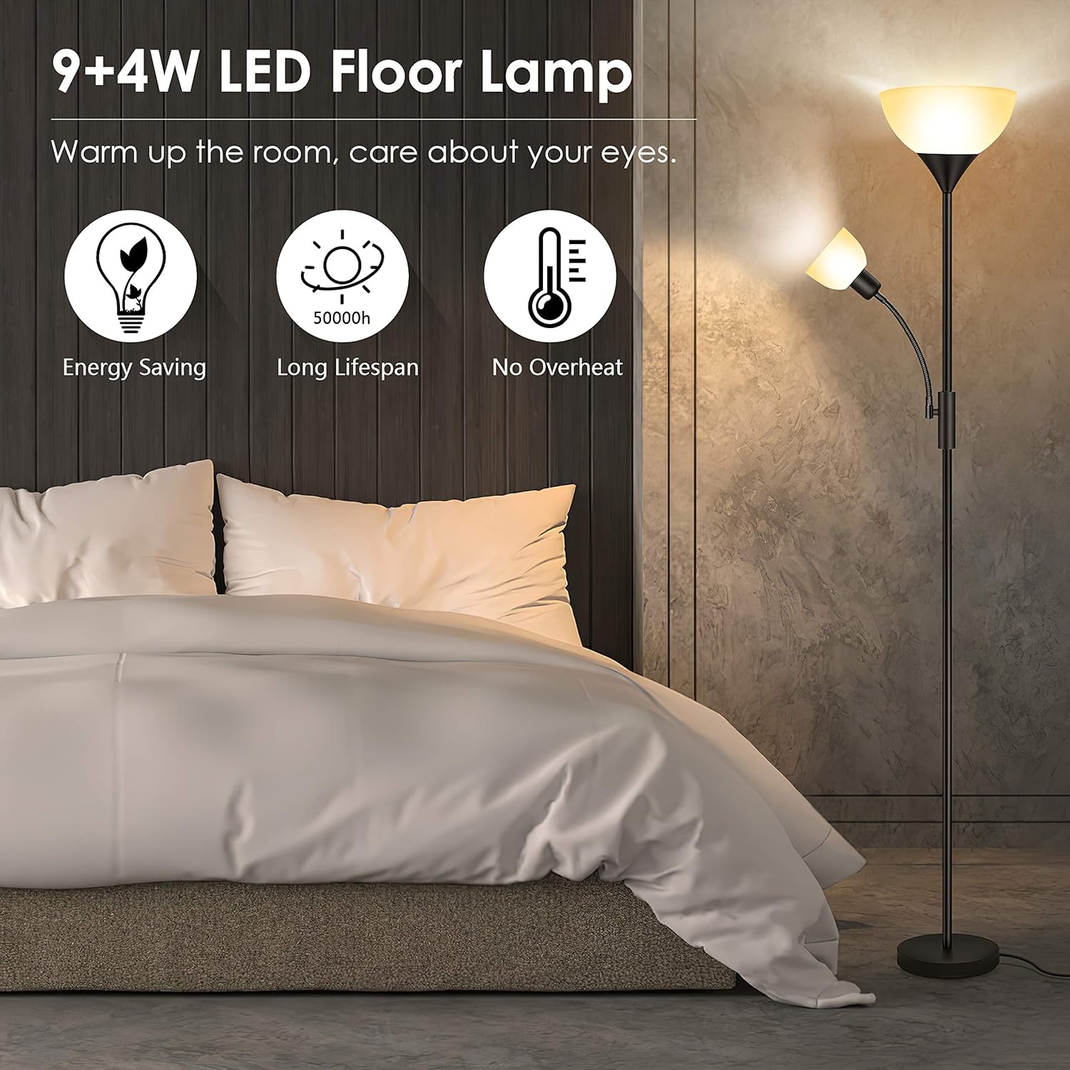 Floor Lamp - Standing Lamp, 9W LED Torchiere Floor Lamp + 4W Adjustable Reading Lamp, 3000K Energy-Saving LED Bulbs, 3-Way Switch, >50,000hrs Lifespan, Floor Lamps for Bedroom, Living Room, Office: Home Improvement