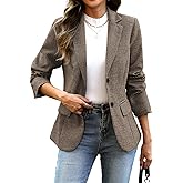 ELLEVEN Women's Lapel Collar Plaid 2 Button Boyfriend Blazer Suit Houndstooth Work Office Blazer Jacket