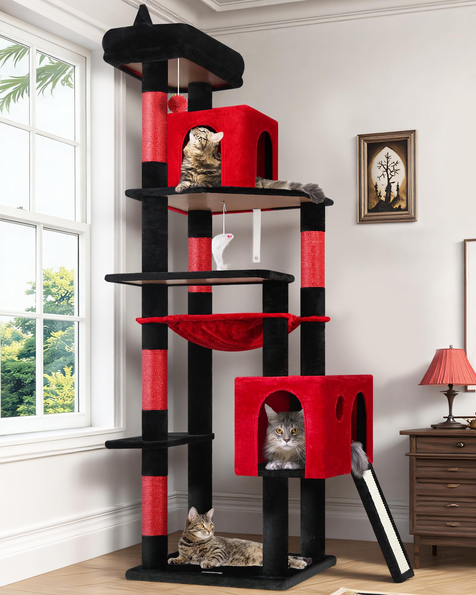 Globlazer Gothic Heavy Duty Cat Tree, 70in Tall Sturdy Goth Cat Tree for Indoor Cats Extra Large Cat Tower with Scratching Post, Cat Condos for Adult Cats Kittens, Hammock, Perch, F70 Pro, Red Black Image
