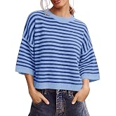 Saodimallsu Womens Short Sleeve Sweater Striped Oversized Sweaters Knit Top | Summer,Casual,Crew Neck,Lightweight,Loose,Half Sleeve,Business Casual,Work,Basic T Shirts,Spring,Going Out,Color Block