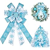 HIENAJ Large Christmas Bows for Wreath, Merry Christmas Wreath Bows White Blue Burlap Bow Winter Holiday Snowflake Craft Ribbon Xmas Tree Bows for Front Door New Year Decorations
