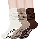 Dfqsofd 3 Pairs Pilates Socks with Grips for Women, Women Long Slouch Scrunch Socks Non Slip Yoga Slipper Sock