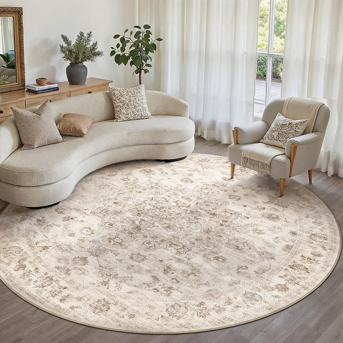 Photo 1 of WondRg 8x8 Washable Neutral Round Rug Beige Living Room Bedroom Large Low Pile Floral Area Rug Vintage Soft Thin Non-Slip Carpet for Office Kitchen Nursery Indoor Dining Room