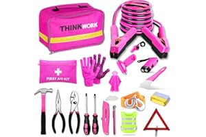 THINKWORK Car Emergency Kit for Teen Girl and Lady's Gifts, Pink Emergency Roadside Assistance kit with Pink Car Tool Set, 10FT Jumper, First Aid Kit, and More Ideal Pink Car Accessories Tool - E8