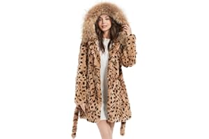 FUR STORY Women's Genuine Rabbit Fur Coat with Raccoon Fur Trim Hood Winter Jacket