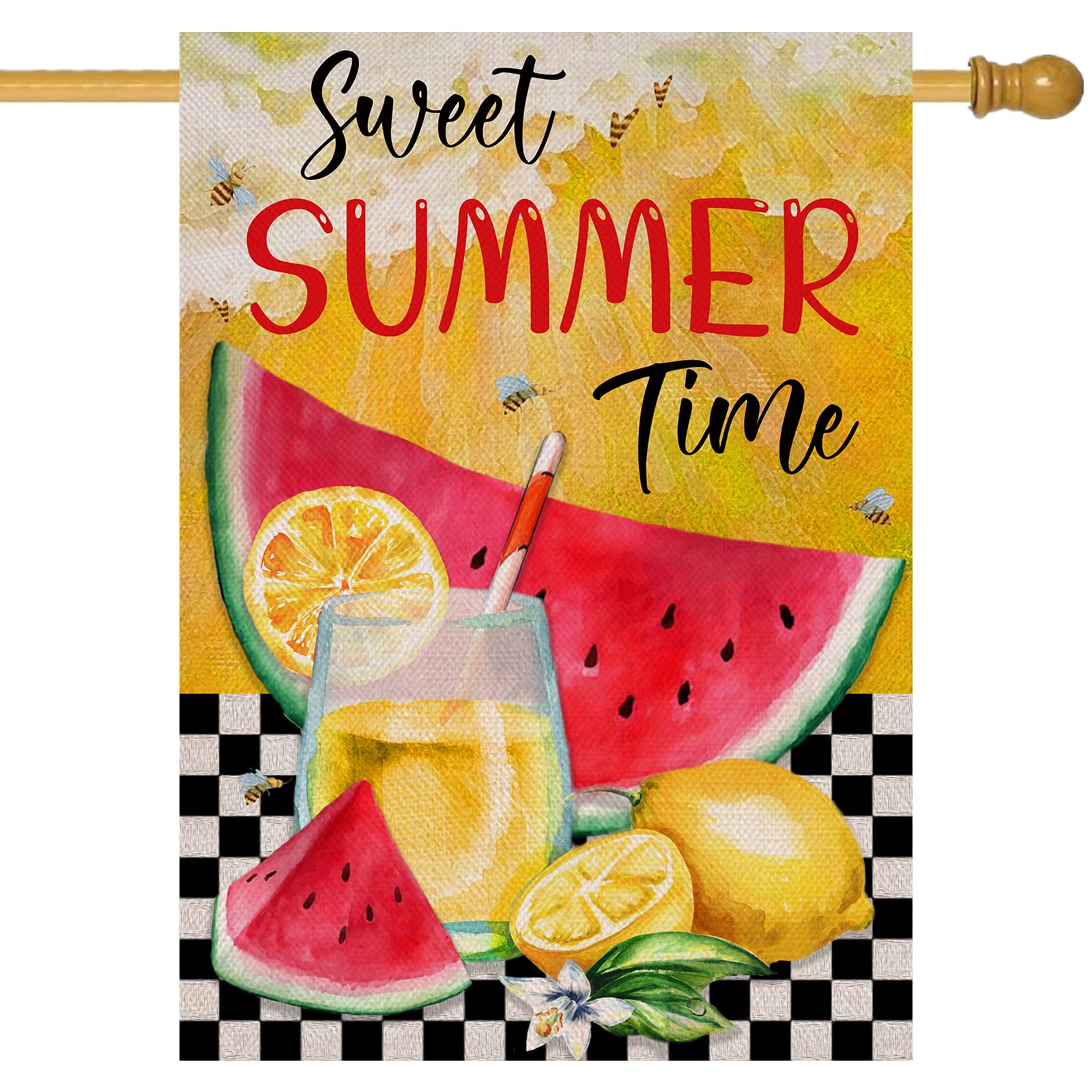Covido Home Decorative Sweet Summer Time House Flag, Buffalo Plaid Check Lemon Garden Yard Decor Watermelon Lemonade Outside Decoration, Seasonal Farmhouse Outdoor Large Burlap Flag Double Sided 28x40