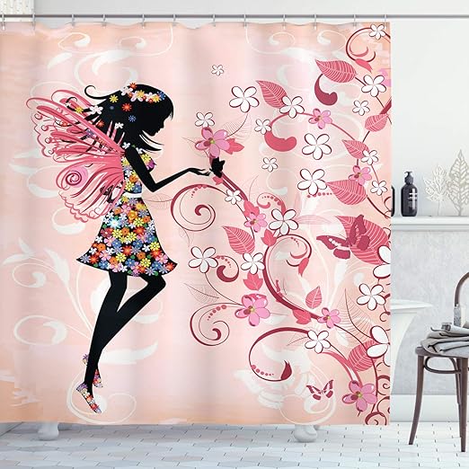 Amazon Com Ambesonne Floral Shower Curtain Angel Girl Silhouette