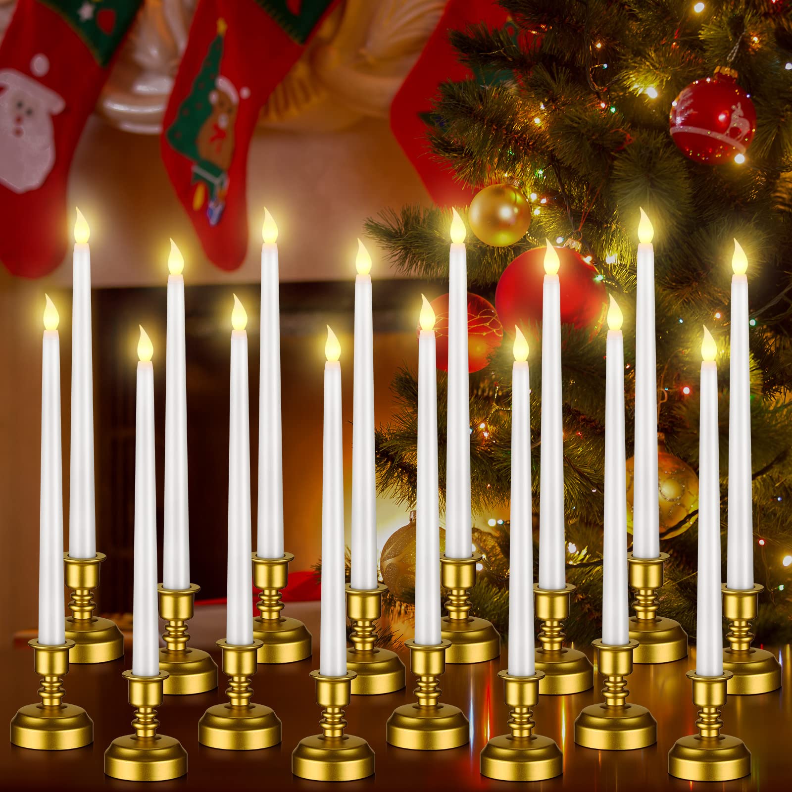 Photo 1 of Fumete 16 Pcs Flameless Candles with Gold Base Battery Powered Taper Candles Battery Operated LED Candlesticks for Wedding Party Home Dinner Decorations(White)