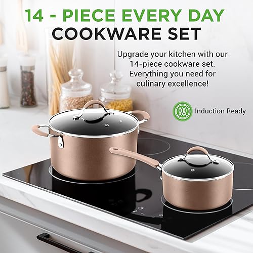 NutriChef 14-Piece Non Stick Kitchen Cookware Set w/Saucepan, Frying Pans,  Cooking Pots, Dutch Oven Pot, Lids,