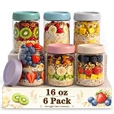 Overnight Oats Containers with Lids, 16 oz Mason Jars, Glass Jar with Lid | 6 Pack Wide Mouth Glass Mason Jars with Airtight Lids, Overnight Oats Jars for Yogurt, Meal Prep, Chia Pudding, Storage, Home