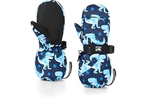 HIGHCAMP Kids Long Cuff Winter Gloves with Stay-on Strap Waterproof Mittens for Toddler Children Snow Ski, XS (2-3 Y) Dino