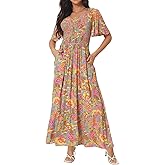 Seta T Women's Summer Dresses Casual Floral Short Sleeve V Neck Smocked Flowy Maxi Dress with Pockets