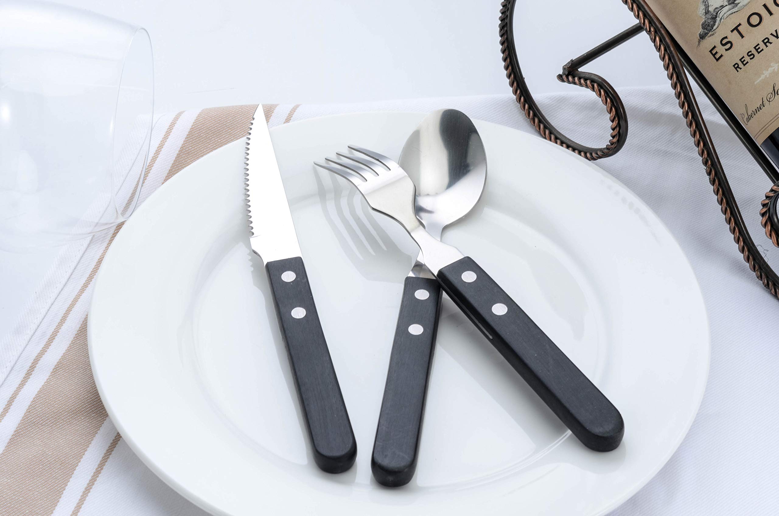 TaNaT 12 Pieces Wood Flatware Forks and Spoons Set Silverware Cutlery 18/0 Stainless Steel Flatware Set Black Wooden Handle Tableware Utensils Service for 4,Set of Silverware,Smooth Surface