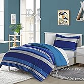 Dream Factory Kids 5-Piece Complete Bed Set Easy-Wash Super Soft Microfiber Comforter Bedding, Twin, Blue Rugby Stripe, (2D872701BL)