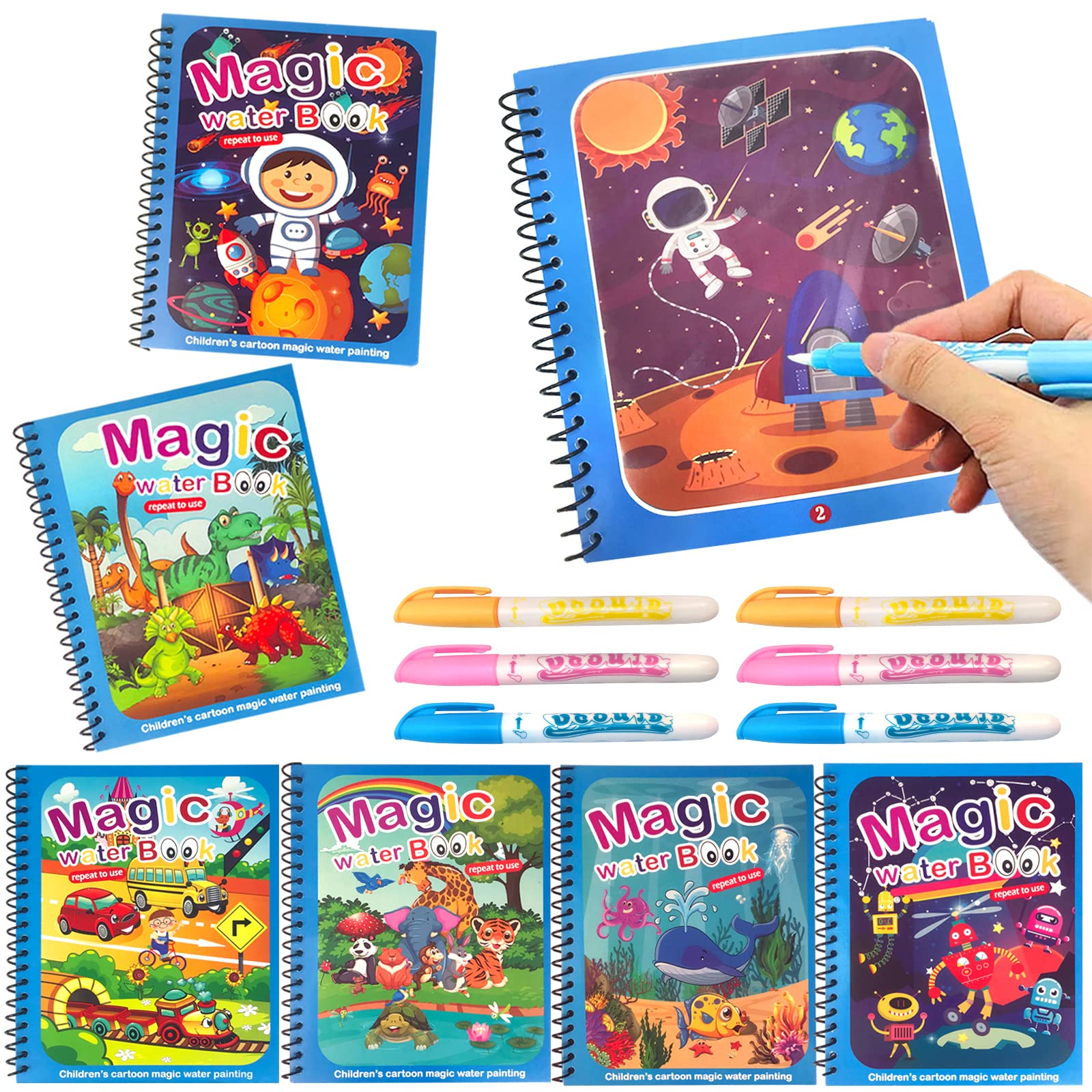 Pack of 6 Water Colouring Books, Magic Water Colouring Book with 6 Brushes, Water Pen, Reusable, Magic Water Colouring Book, Colouring Book for Children, Boys, 2 to 7 Years, Gift