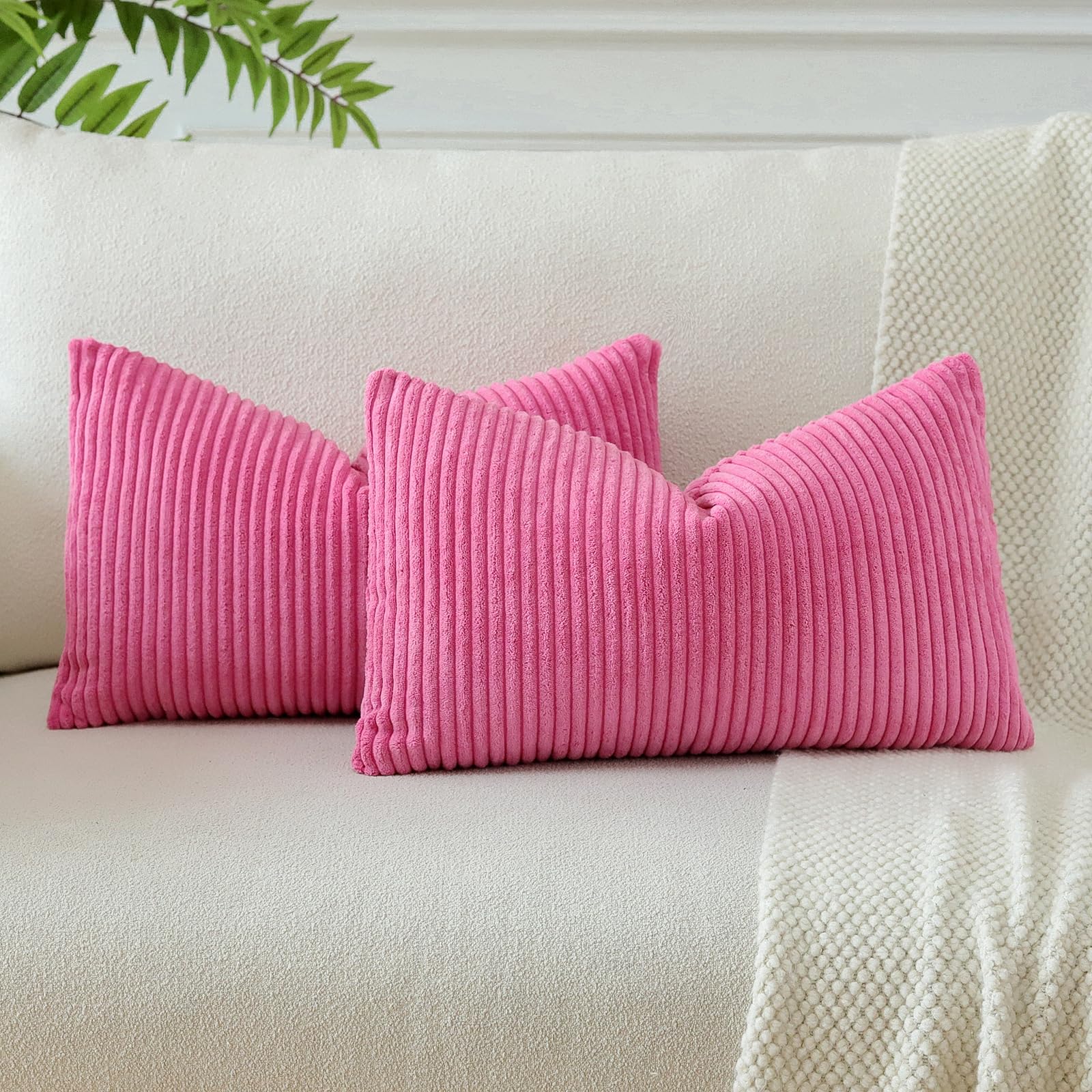 JOTOM Corduroy Soft Striped Throw Pillow Covers 40x60 cm Boho Decorative Pillow Covers Lumbar Pillowcase Couch Home Decor Cushion Covers for Sofa Bedroom 16x24 Inch Set of 2 (Hot Pink) — image 1