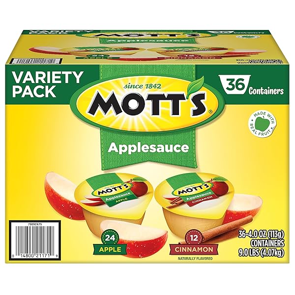 MOTT’S APPLE & CINNAMON VARIETY PACK APPLESAUCE, 4 OZ CUPS, 36 COUNT, NO ARTIFICIAL FLAVORS, GOOD SOURCE OF VITAMIN C, NUTRITIOUS OPTION FOR THE WHOLE FAMILY
