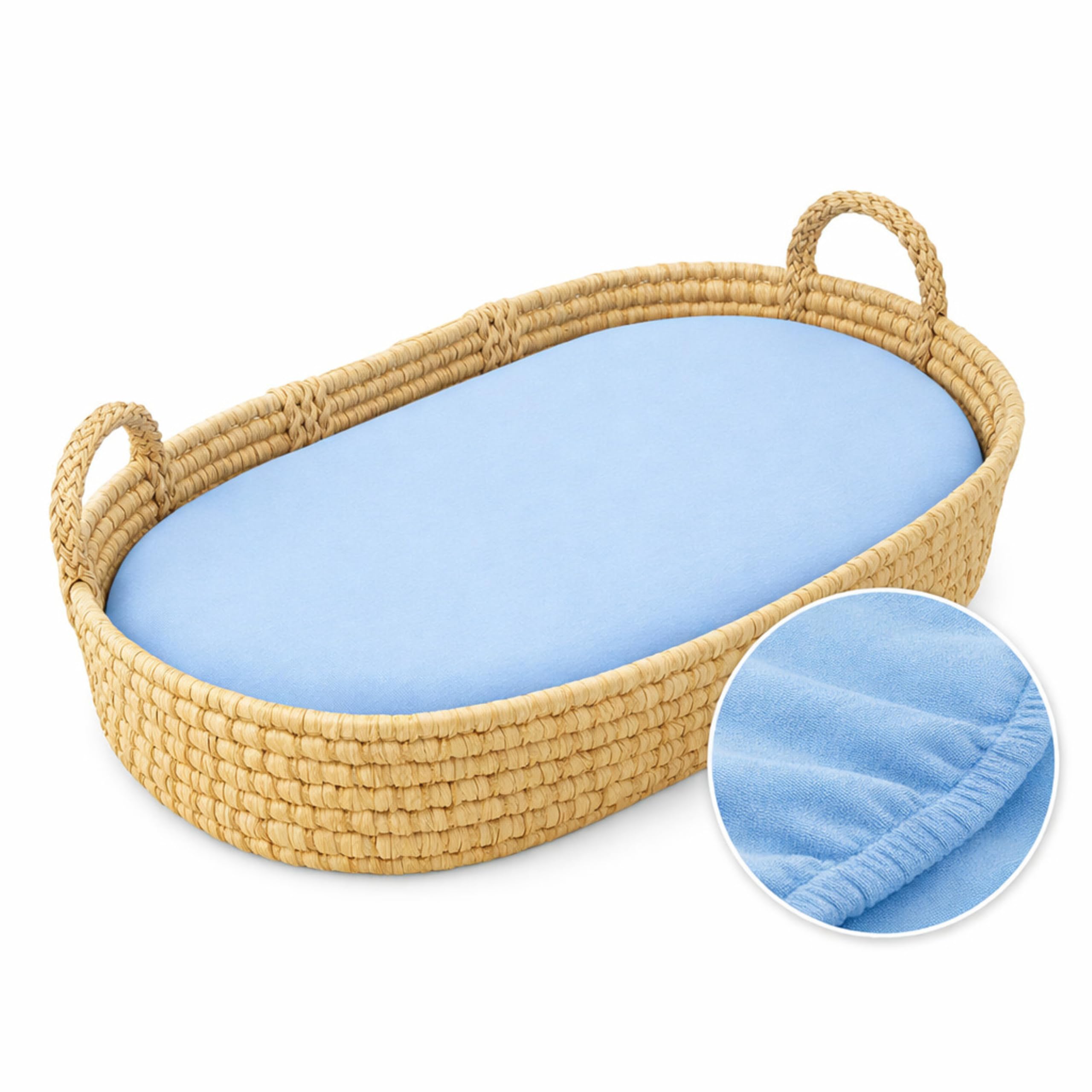 Dudu N Girlie Moses Basket Sheets Fully Fitted – 75 x 30 Moses Basket Bedding - Hypoallergenic Baby Pram Sheets Bedding Elasticated Breathable Easy Care (Single Pack, Blue)