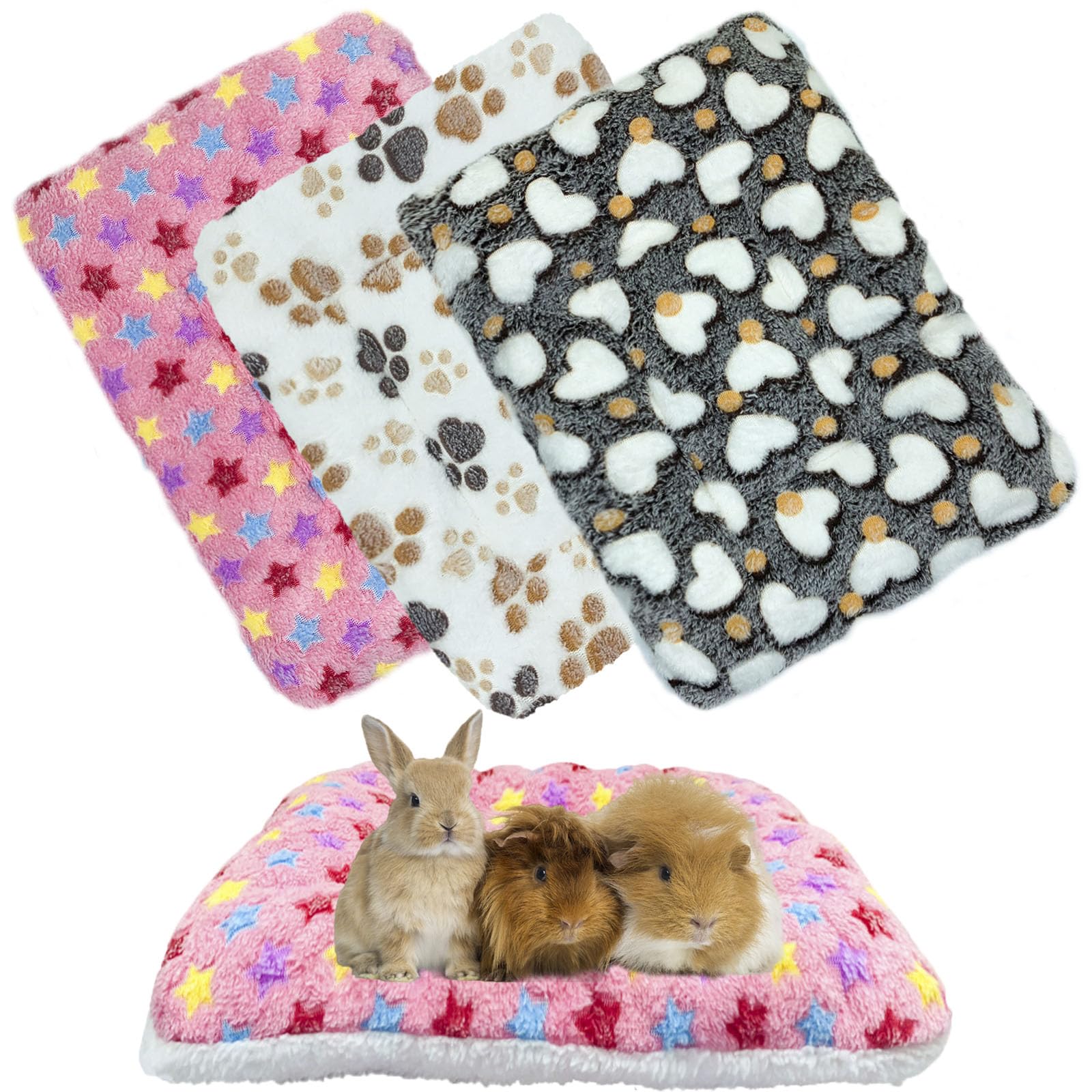 XMPEKO 3PCS Small Animal Plush Bed - 50 * 40 * 3cm, Fluffy Soft Warm Fleece Guinea Pig Bedding Mat Blanket for Cage Accessories for Rabbit Bunny Chinchilla Squirrel Hedgehog Hamster