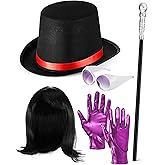 Bunnycool 5 Pcs Black Top Hat Costume Set Includes Top Hat Walking Scepter Retro Sunglasses Purple Gloves Black Straight Wig Costume Halloween Accessories for Parade Cosplay Dance Recitals