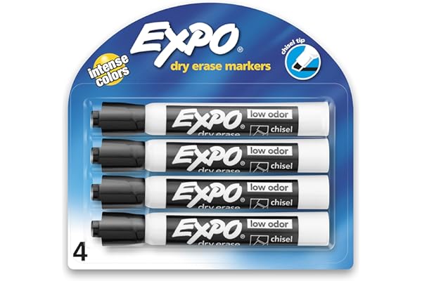 EXPO Low Odor Dry Erase Markers, Chisel Tip, Black, 4 Count