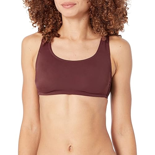 Amazon Essentials Women's Scoop Neck Swim Crop Top, Deep Brown, X-Small