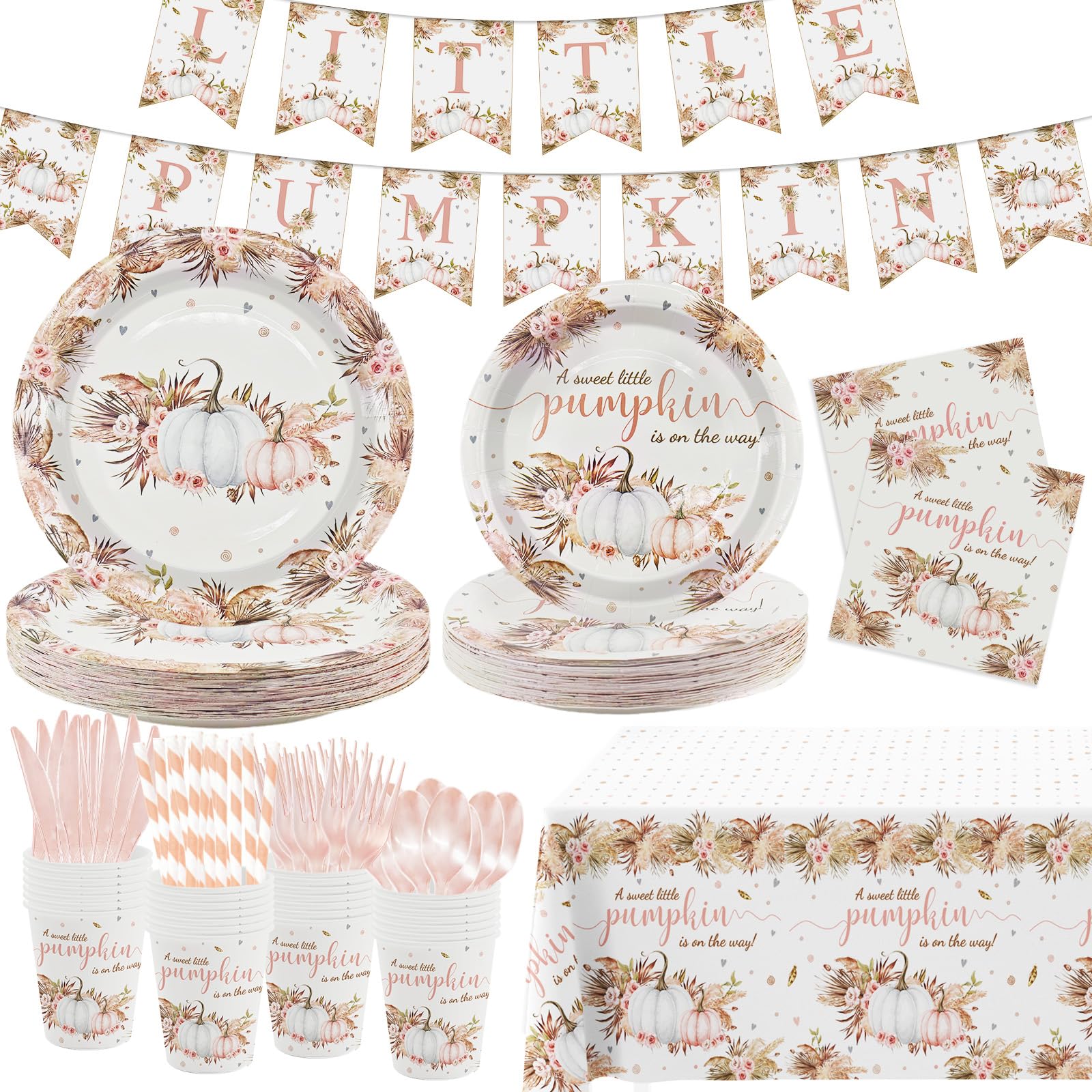 Photo 1 of MEHOFOND Boho Fall Pumpkin Baby Shower Decorations Bohemia Floral Little Pumpkin Party Supplies Disposable Tableware Set 194 Pcs Plates Napkins Banners Plastic Tablecloth for Baby Shower Kids Party