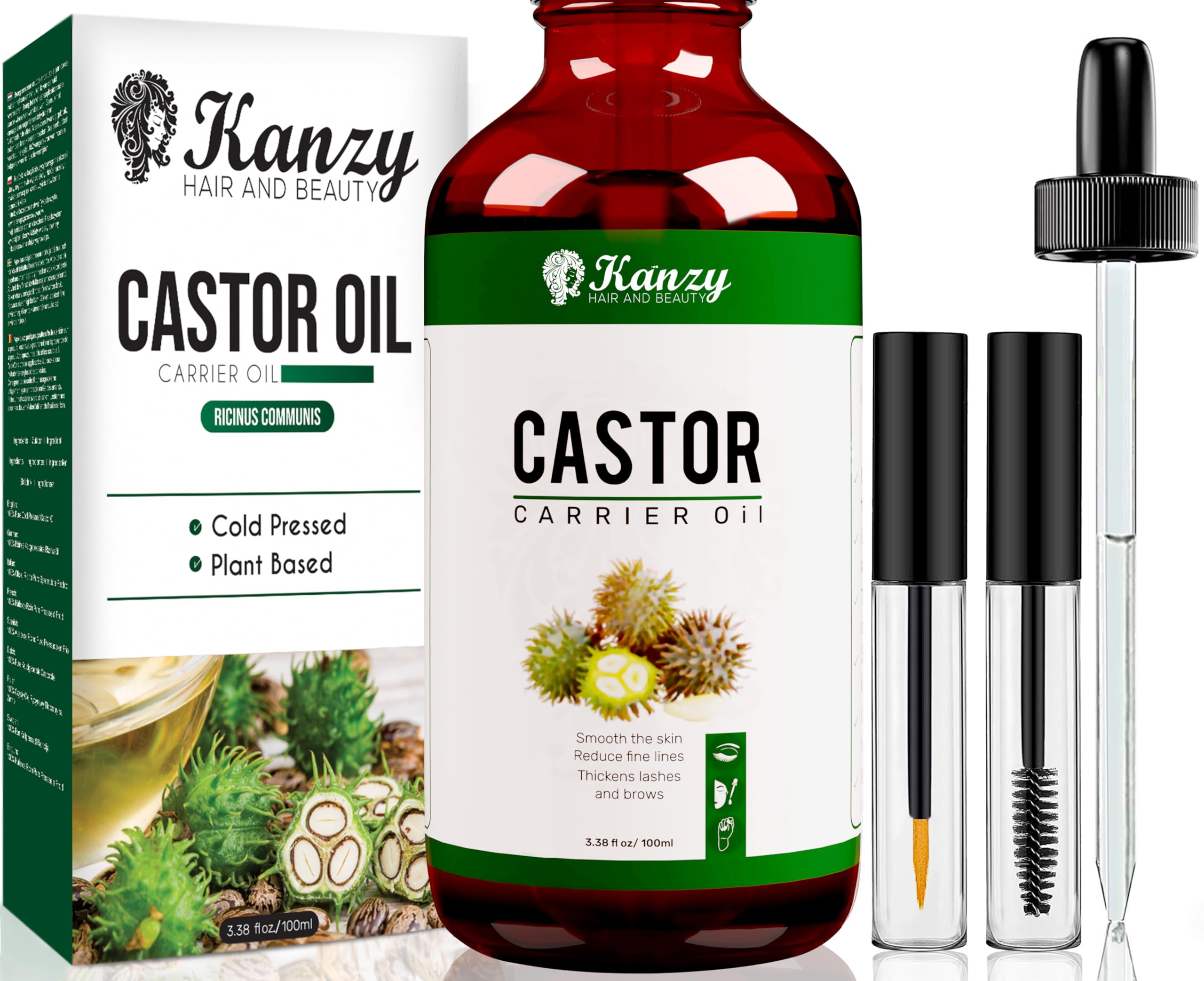 Kanzy Castor Oil for Eyelashes and Eyebrows 100ml Cold Pressed Castor Oil for Hair Growth 100% Natural and Pure Oil with Brushes For Hair, Beard, Nails and Skin — image 1