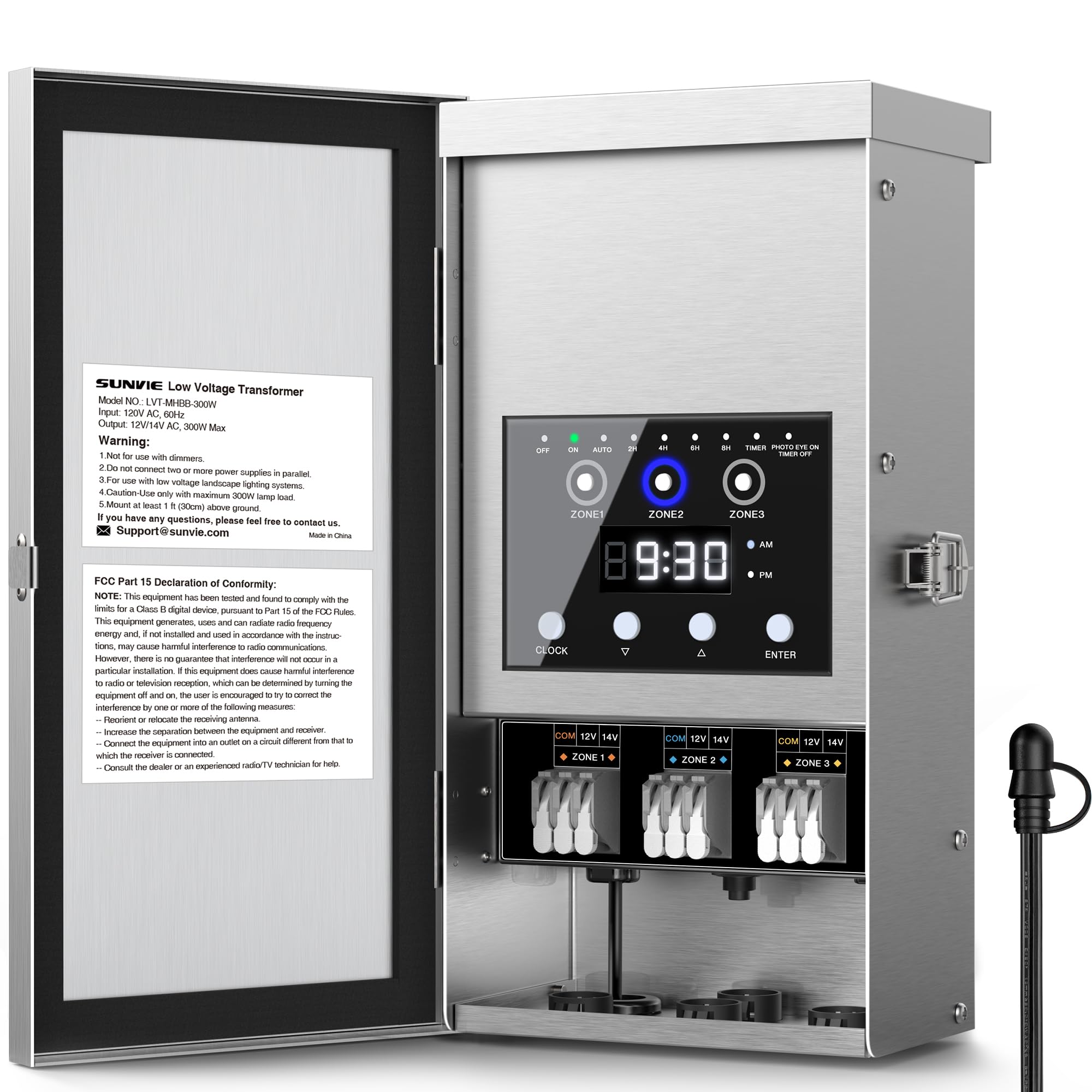 Photo 1 of SUNVIE 300W Low Voltage Landscape Transformer 3 Zones Landscape Lighting Transformer with Timer & Photocell Sensor Waterproof Low Voltage Transformer 120V to 12V/14V AC for Outdoor Garden Path Lights