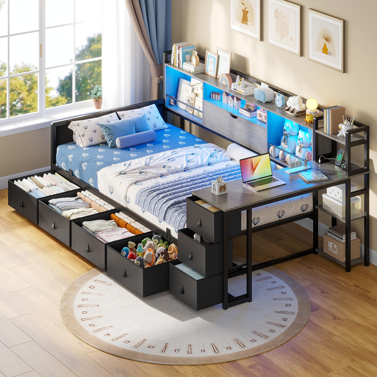 Photo 1 of ADORNEVE Corner Bed Frame Twin Size with Desk, Storage Bookcase & 7 Drawers, Twin Metal Platform Daybed with Charging Station and RGB Lights, for Kids Bedroom, Black&Oak Gray