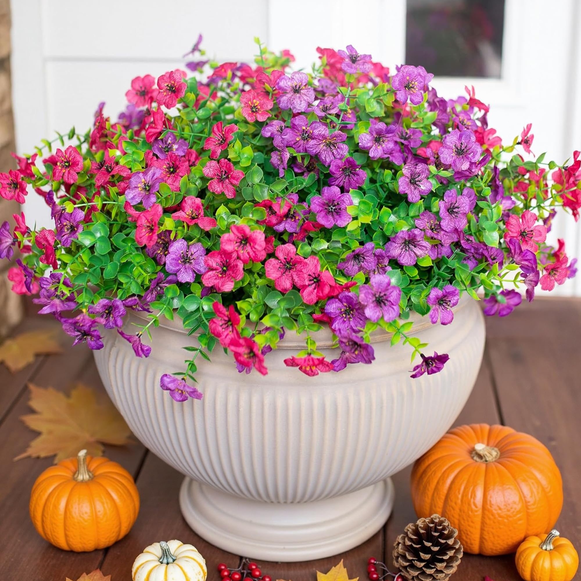 Photo 1 of HyeFlora Artificial Flowers for Outdoor Indoor Garden Home Decoration, Faux Flower Daisy with Eucalyptus Leaves Fake Plants Greenery Boxwood Porch Patio, 12 Bundles (Purple Pink)