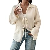 SHENHE Women's Tie Front Cardigan Collared Long Sleeve V Neck Casual Lightweight Knit Top